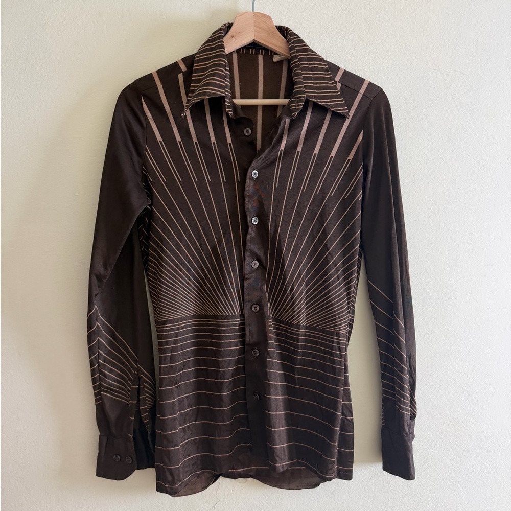 Men's 70’s Vintage Gold Striped Brown Button-Up Shirt Art Deco Bonhomme